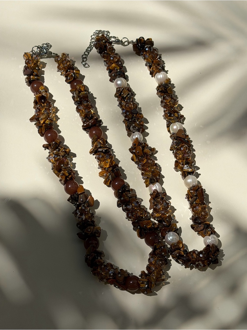 Handcrafted Brown Beaded Necklace with Pearl Accents